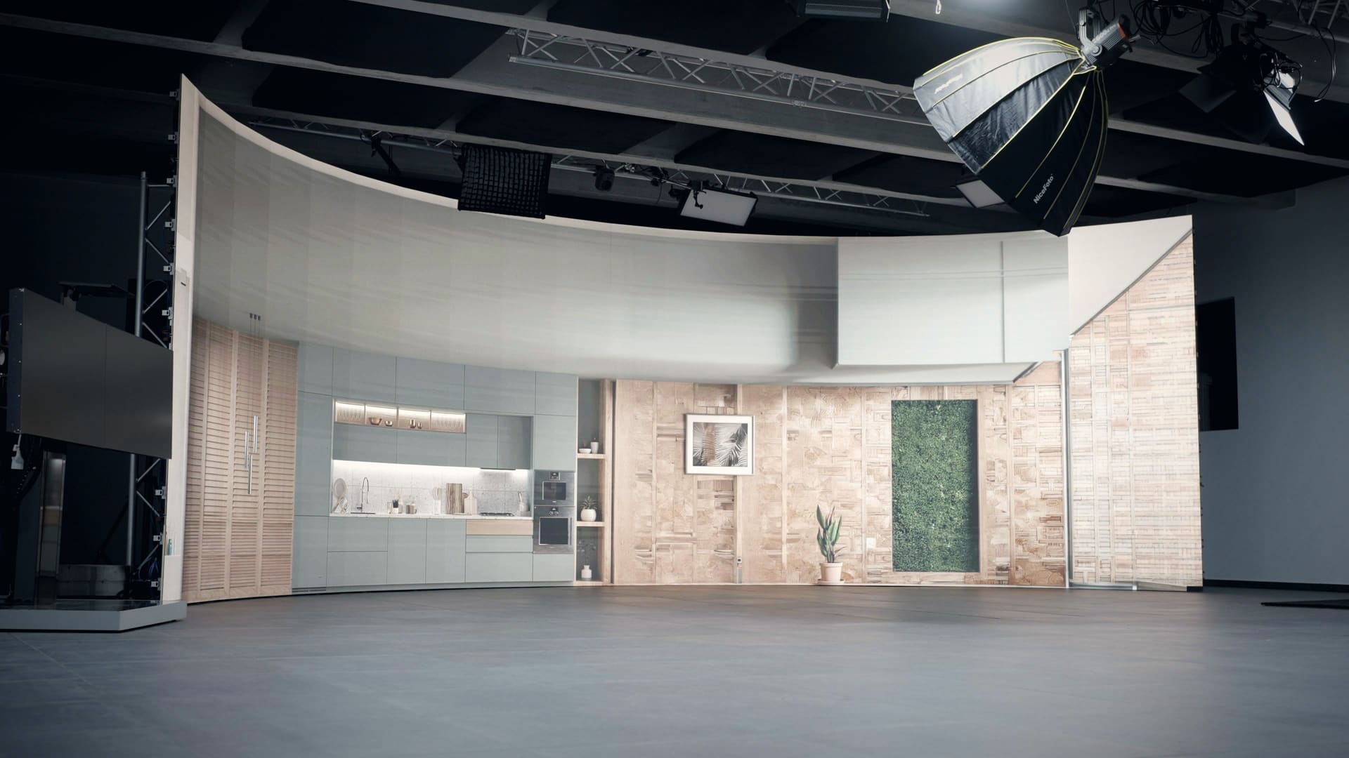 35-m²-LED-Wand im CreativeCinema-Studio Erlangen mit fotorealistischem Wohnwelt-Set